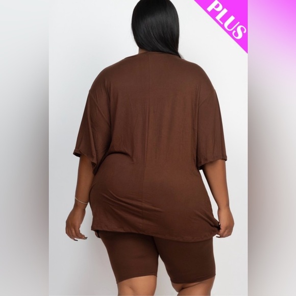 Chocolate Brown Lounge Set 2-Piece Short Sleeve Oversized Top & Biker Shorts - Picture 4 of 10